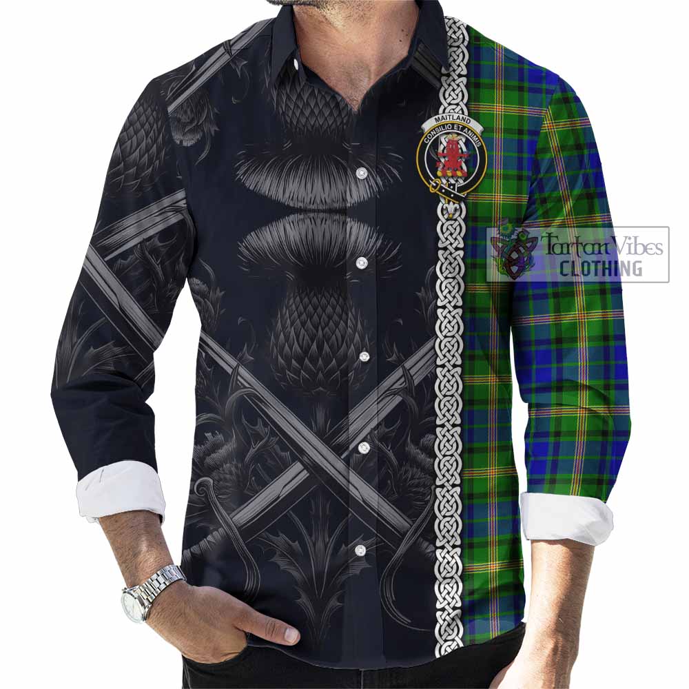 Maitland Tartan Long Sleeve Button Shirt with Family Crest Cross Sword Thistle Celtic Vibes - Tartan Vibes Clothing