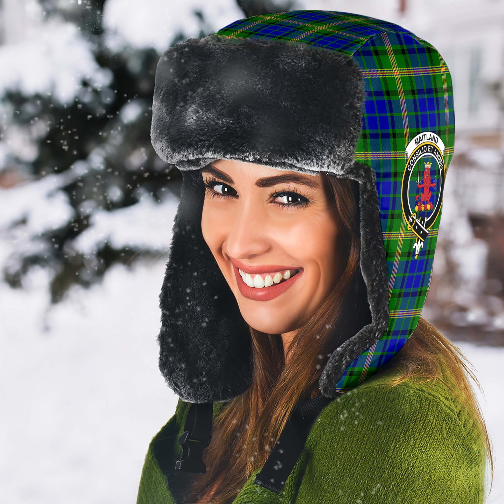 Maitland Tartan Winter Trapper Hat with Family Crest - Tartanvibesclothing