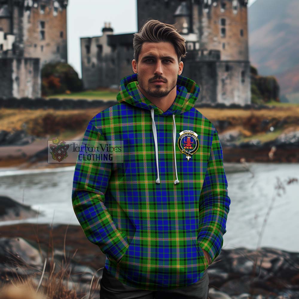 Tartan Vibes Clothing Maitland Tartan Cotton Hoodie with Family Crest and Bearded Skull Holding Bottles of Whiskey