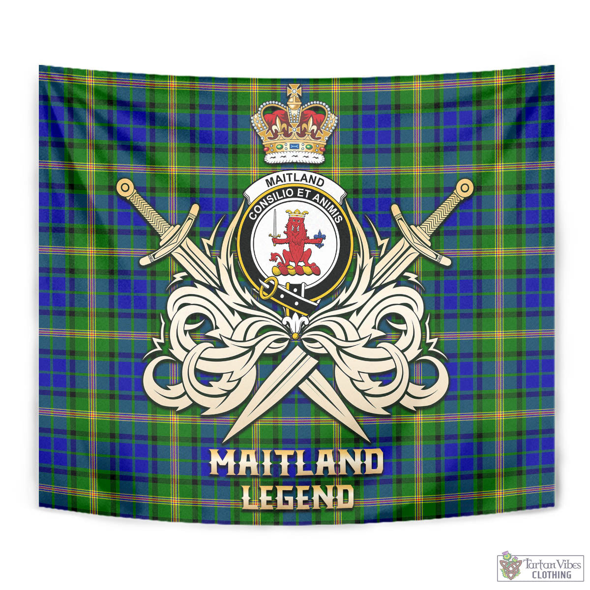 Tartan Vibes Clothing Maitland Tartan Tapestry with Clan Crest and the Golden Sword of Courageous Legacy