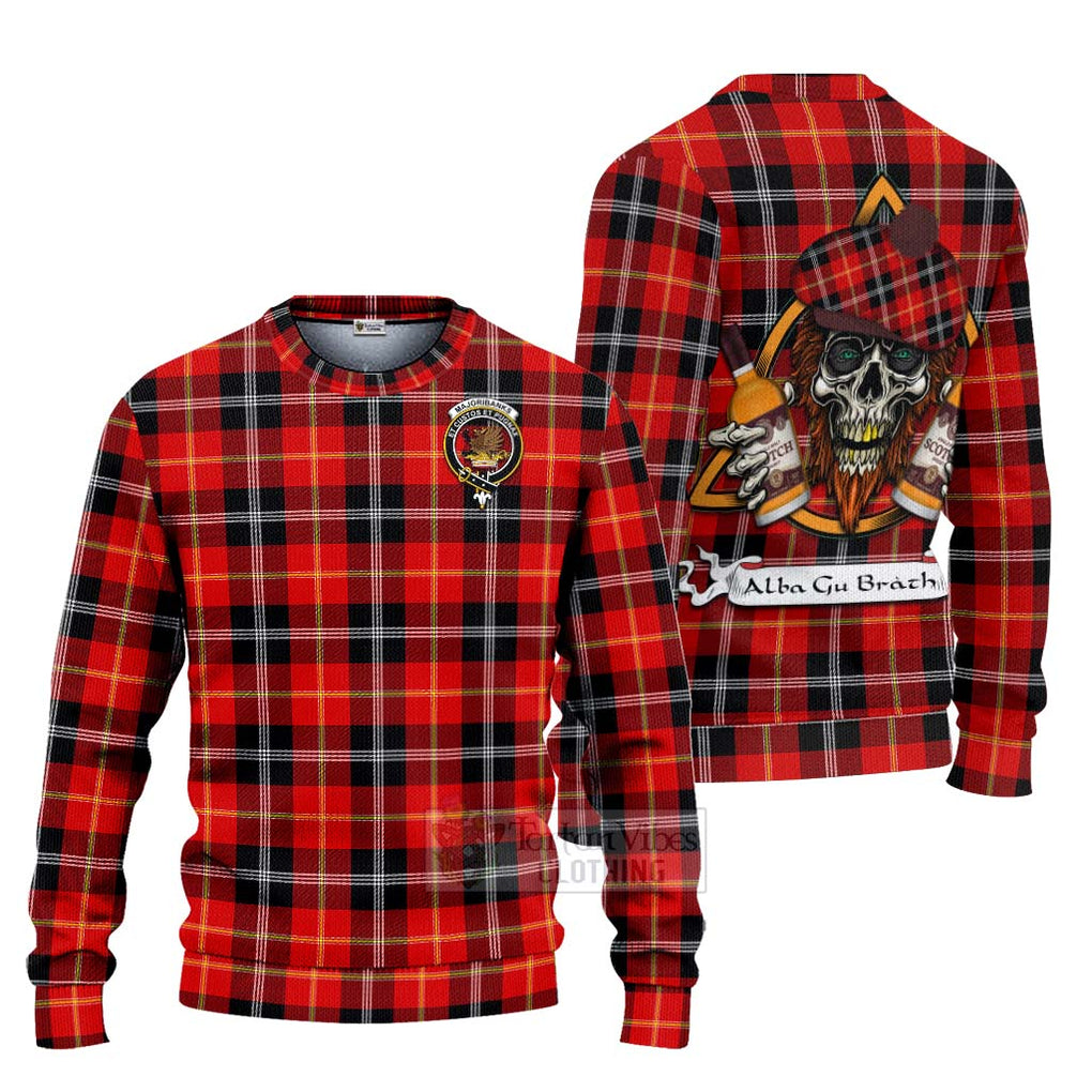 Tartan Vibes Clothing Majoribanks Tartan Knitted Sweater with Family Crest and Bearded Skull Holding Bottles of Whiskey