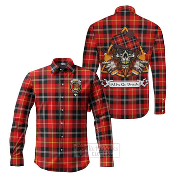 Majoribanks Tartan Long Sleeve Button Shirt with Family Crest and Bearded Skull Holding Bottles of Whiskey