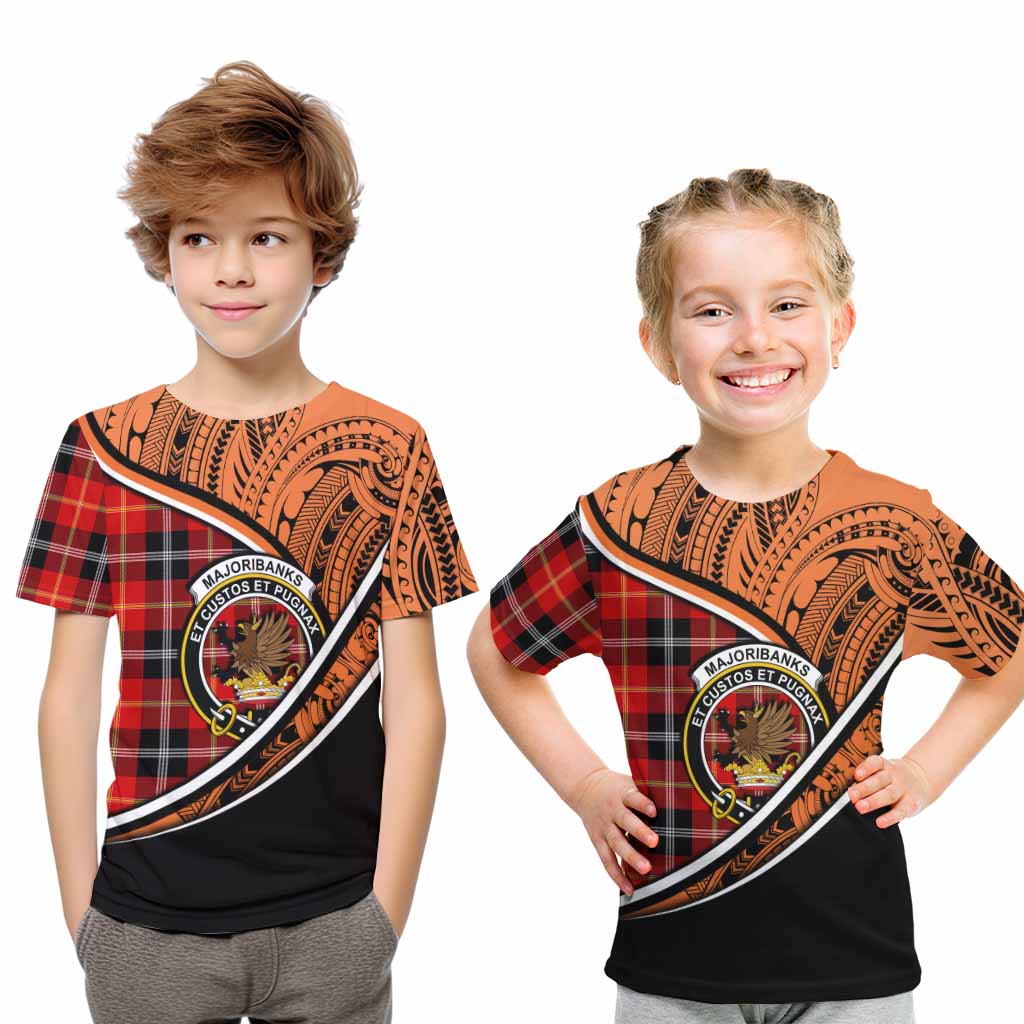 Tartan Vibes Clothing Majoribanks Crest Tartan Kid T-Shirt with Maori Tattoo Style - Orange Version