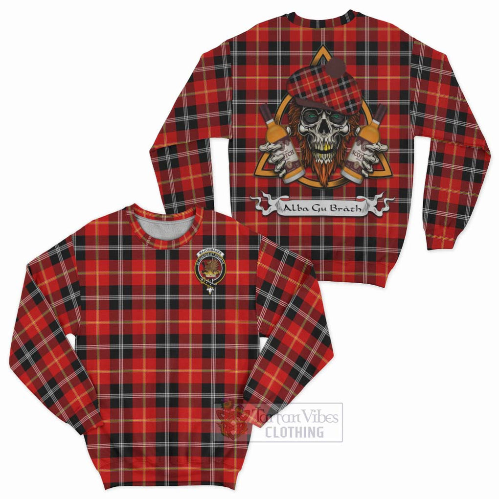 Tartan Vibes Clothing Majoribanks Tartan Sweatshirt with Family Crest and Bearded Skull Holding Bottles of Whiskey