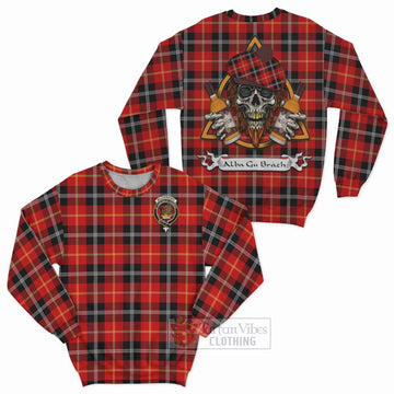 Majoribanks Tartan Sweatshirt with Family Crest and Bearded Skull Holding Bottles of Whiskey