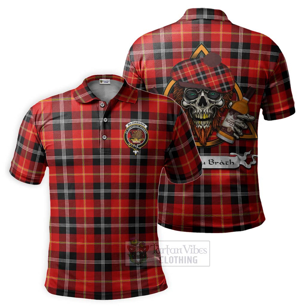 Tartan Vibes Clothing Majoribanks Tartan Polo Shirt with Family Crest and Bearded Skull Holding Bottles of Whiskey