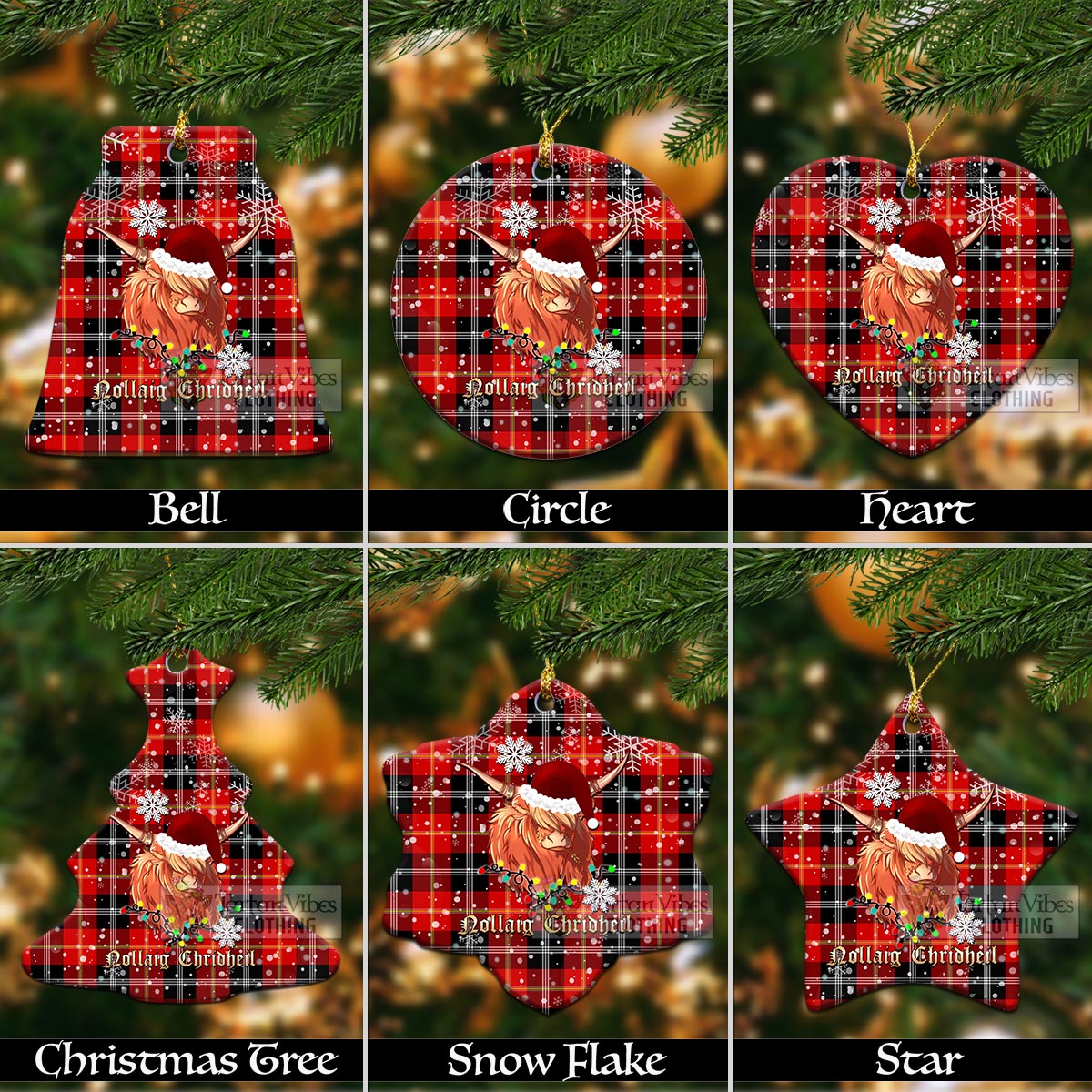 Tartan Vibes Clothing Majoribanks Clan Tartan Ornament with Christmas Twinkle Highland Cattle