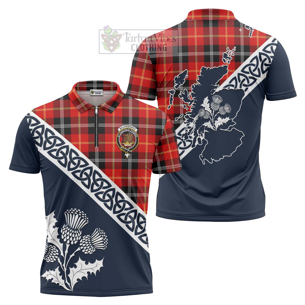 Majoribanks Tartan Zipper Polo Shirt Featuring Thistle and Scotland Map Unisex - Tartanvibesclothing Store