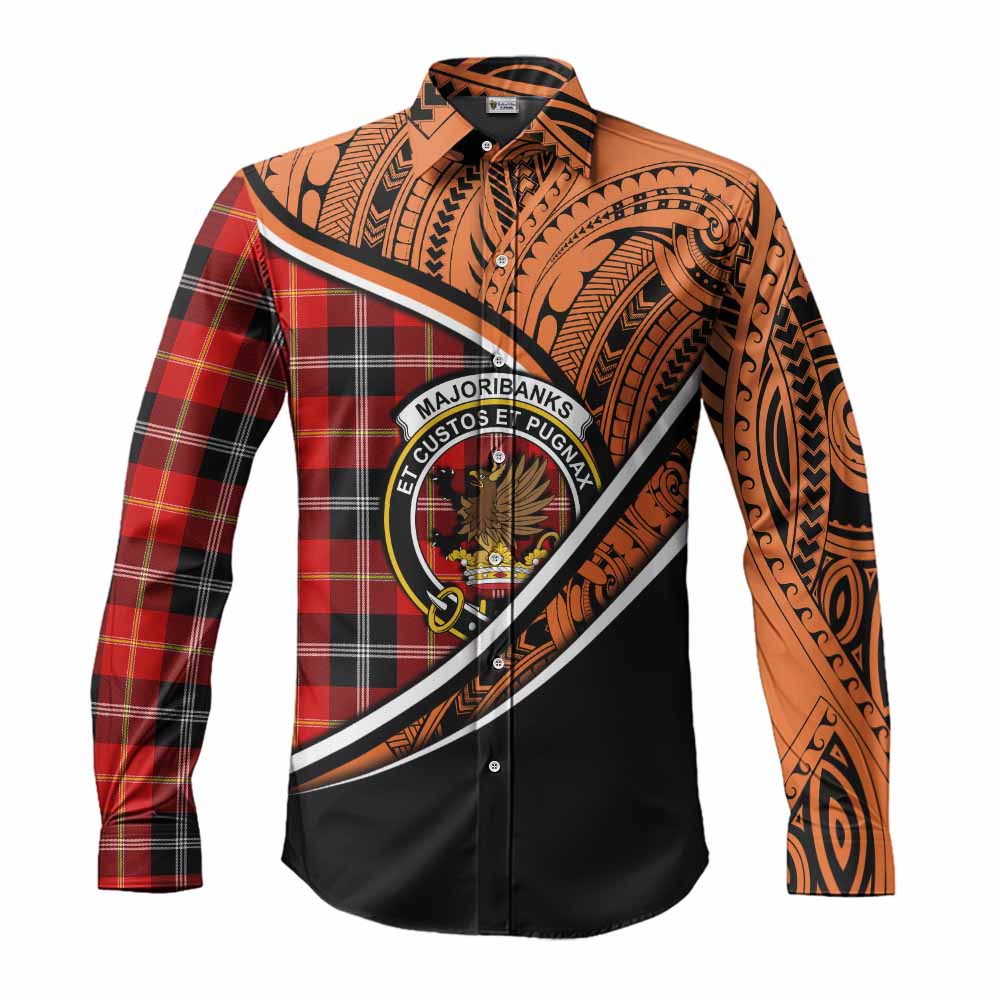 Tartan Vibes Clothing Majoribanks Crest Tartan Long Sleeve Button Shirt with Maori Tattoo Style - Orange Version