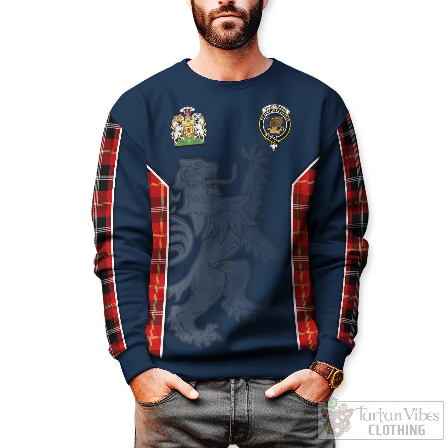 Tartan Vibes Clothing Majoribanks Tartan Sweater with Family Crest and Lion Rampant Vibes Sport Style