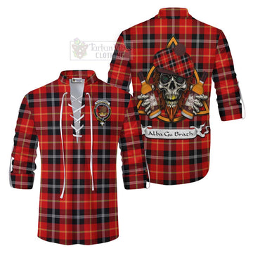 Majoribanks Tartan Ghillie Kilt Shirt with Family Crest and Bearded Skull Holding Bottles of Whiskey