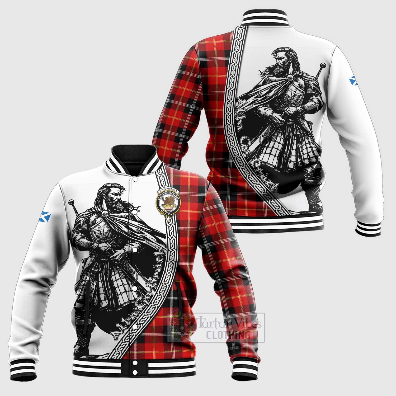 Tartan Vibes Clothing Majoribanks Tartan Clan Crest Baseball Jacket with Highlander Warrior Celtic Style