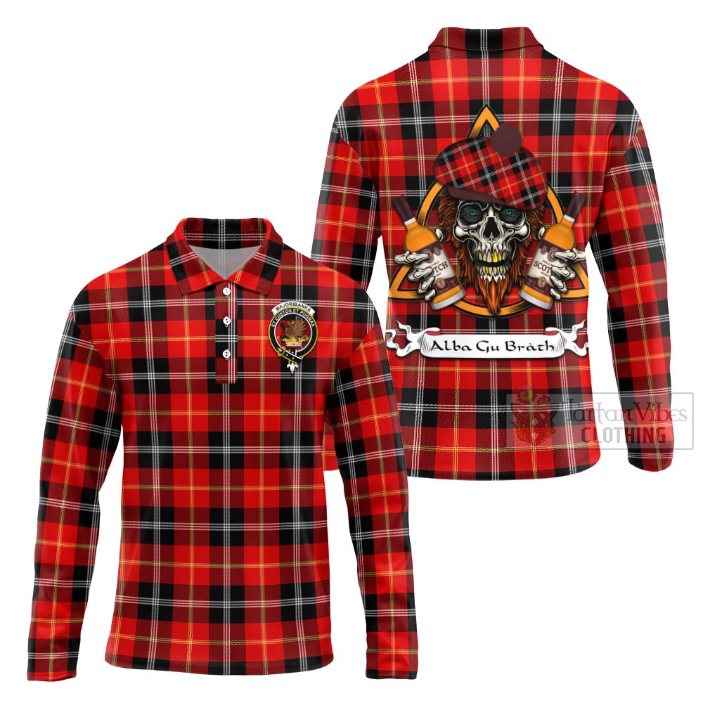 Tartan Vibes Clothing Majoribanks Tartan Long Sleeve Polo Shirt with Family Crest and Bearded Skull Holding Bottles of Whiskey