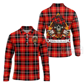 Majoribanks Tartan Long Sleeve Polo Shirt with Family Crest and Bearded Skull Holding Bottles of Whiskey