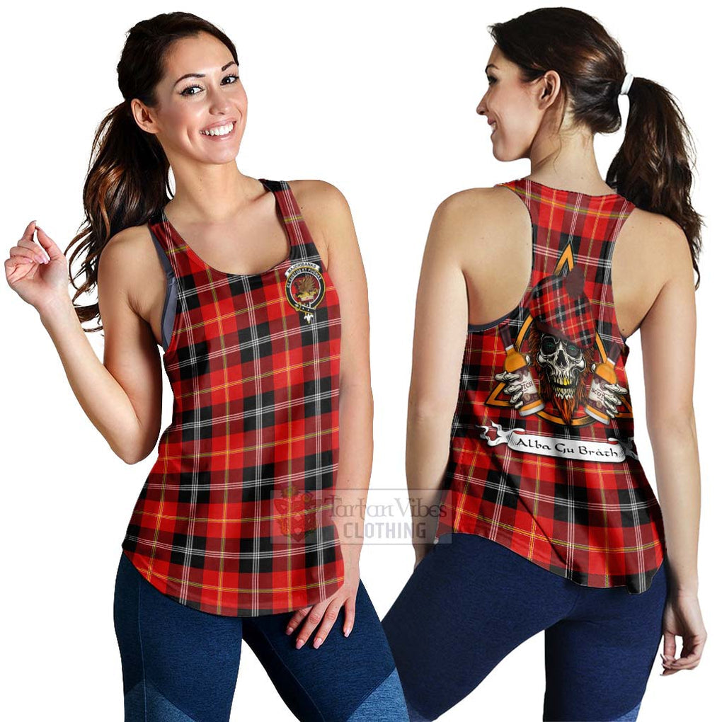 Tartan Vibes Clothing Majoribanks Tartan Women's Racerback Tanks with Family Crest and Bearded Skull Holding Bottles of Whiskey