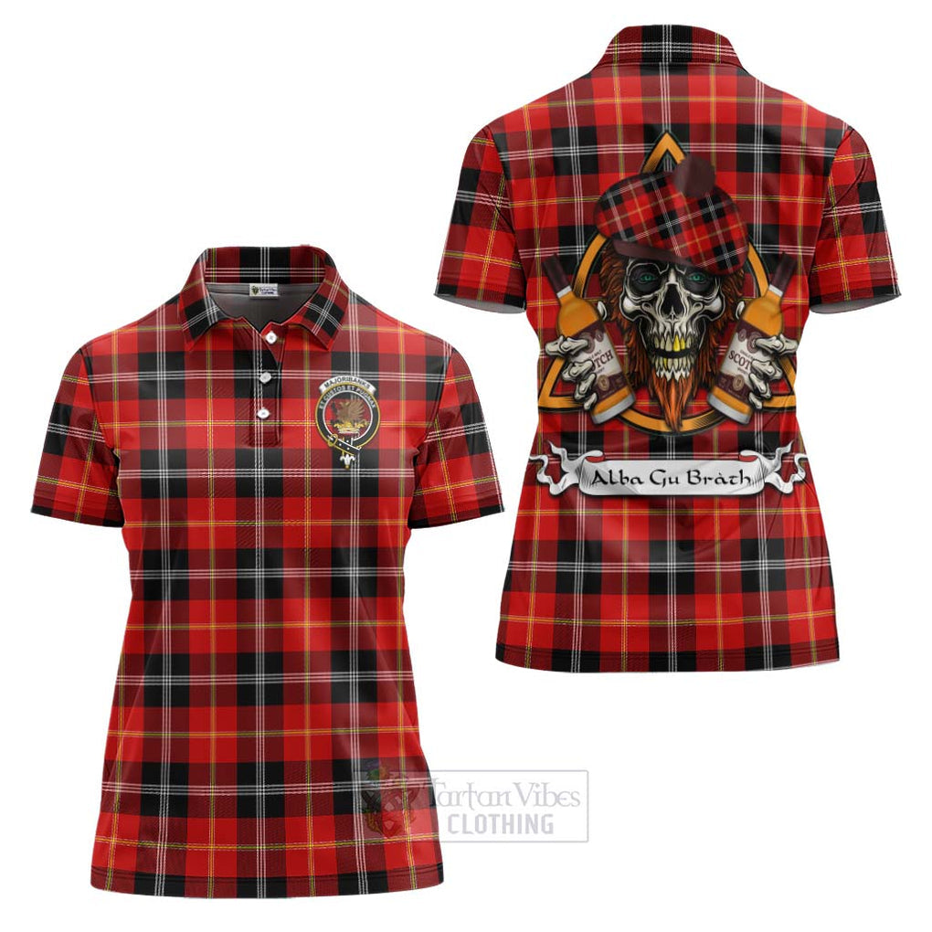 Tartan Vibes Clothing Majoribanks Tartan Women's Polo Shirt with Family Crest and Bearded Skull Holding Bottles of Whiskey