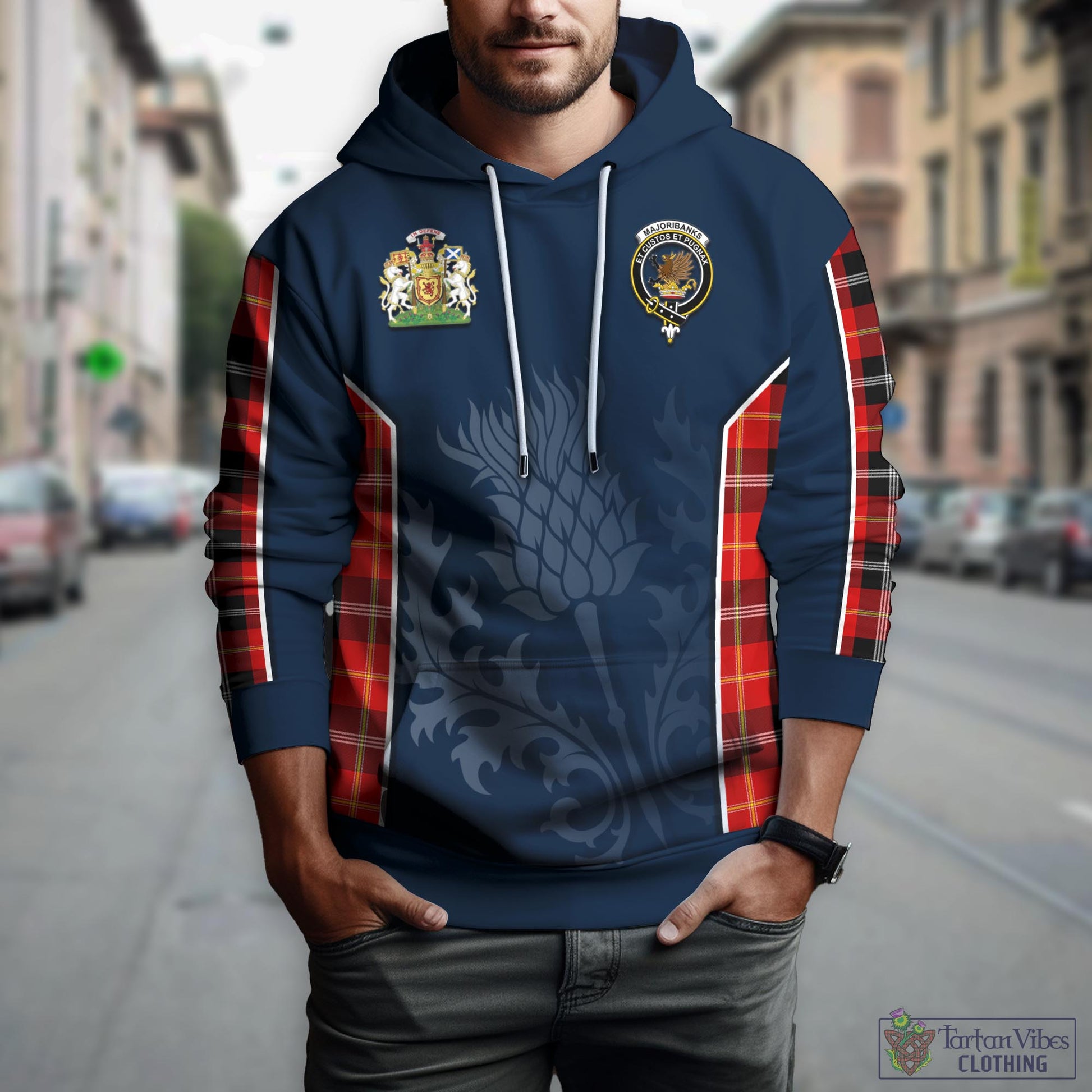 Tartan Vibes Clothing Majoribanks Tartan Hoodie with Family Crest and Scottish Thistle Vibes Sport Style