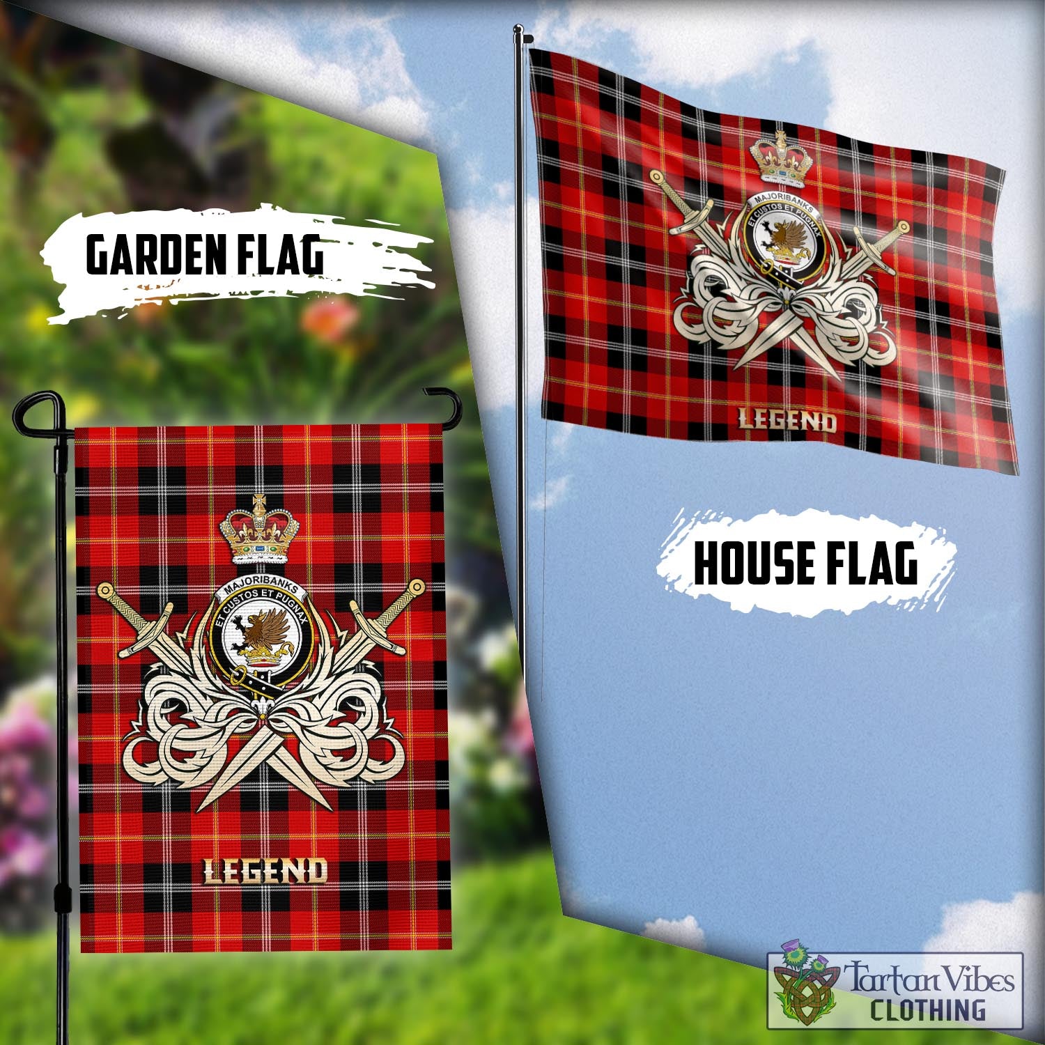 Tartan Vibes Clothing Majoribanks Tartan Flag with Clan Crest and the Golden Sword of Courageous Legacy
