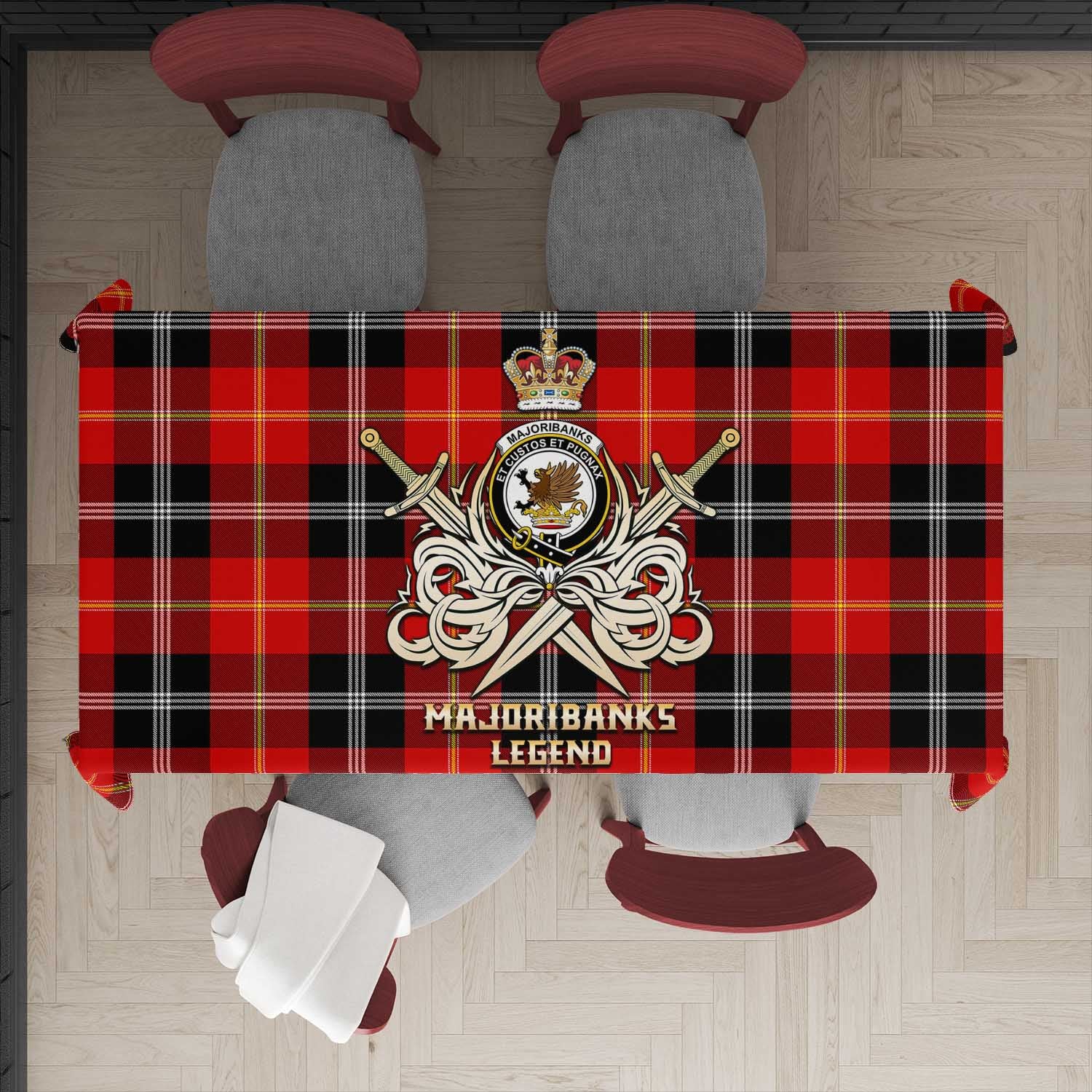 Tartan Vibes Clothing Majoribanks Tartan Tablecloth with Clan Crest and the Golden Sword of Courageous Legacy