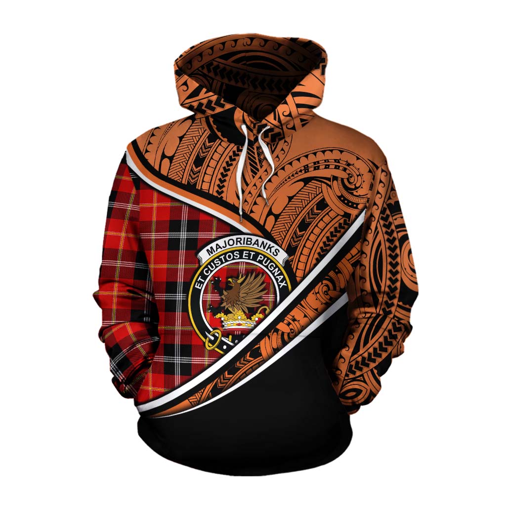 Tartan Vibes Clothing Majoribanks Crest Tartan Cotton Hoodie with Maori Tattoo Style - Orange Version