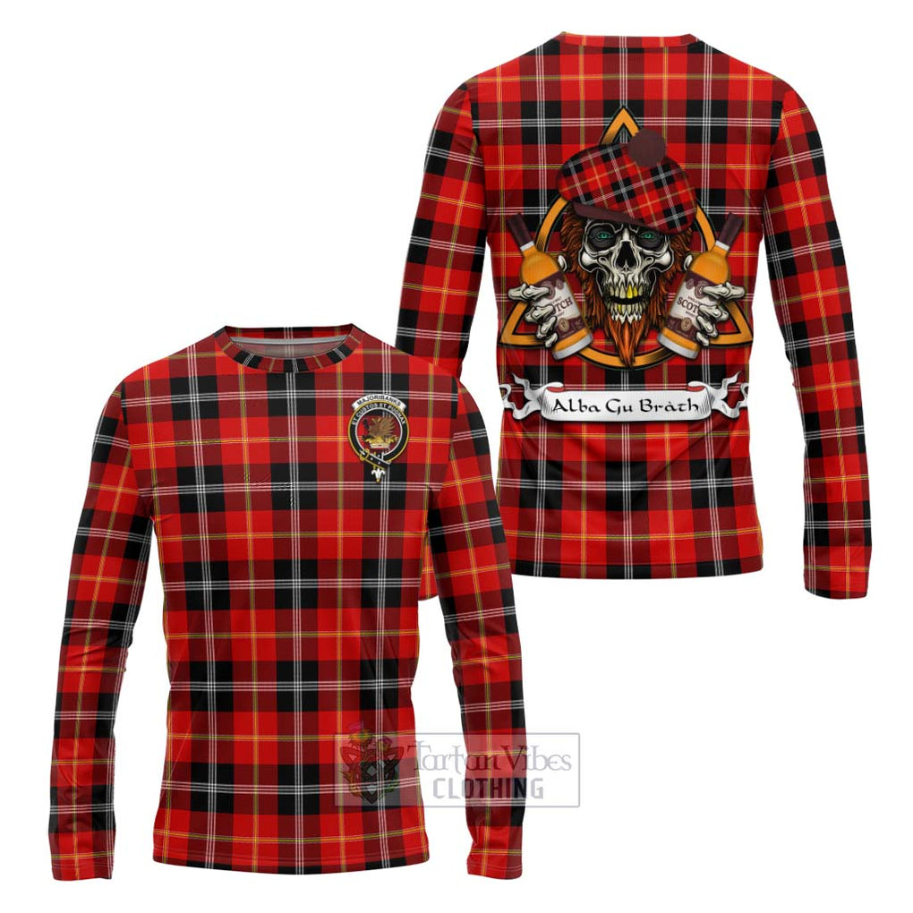 Tartan Vibes Clothing Majoribanks Tartan Long Sleeve T-Shirt with Family Crest and Bearded Skull Holding Bottles of Whiskey