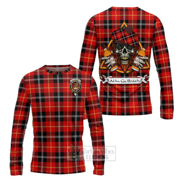 Majoribanks Tartan Long Sleeve T-Shirt with Family Crest and Bearded Skull Holding Bottles of Whiskey