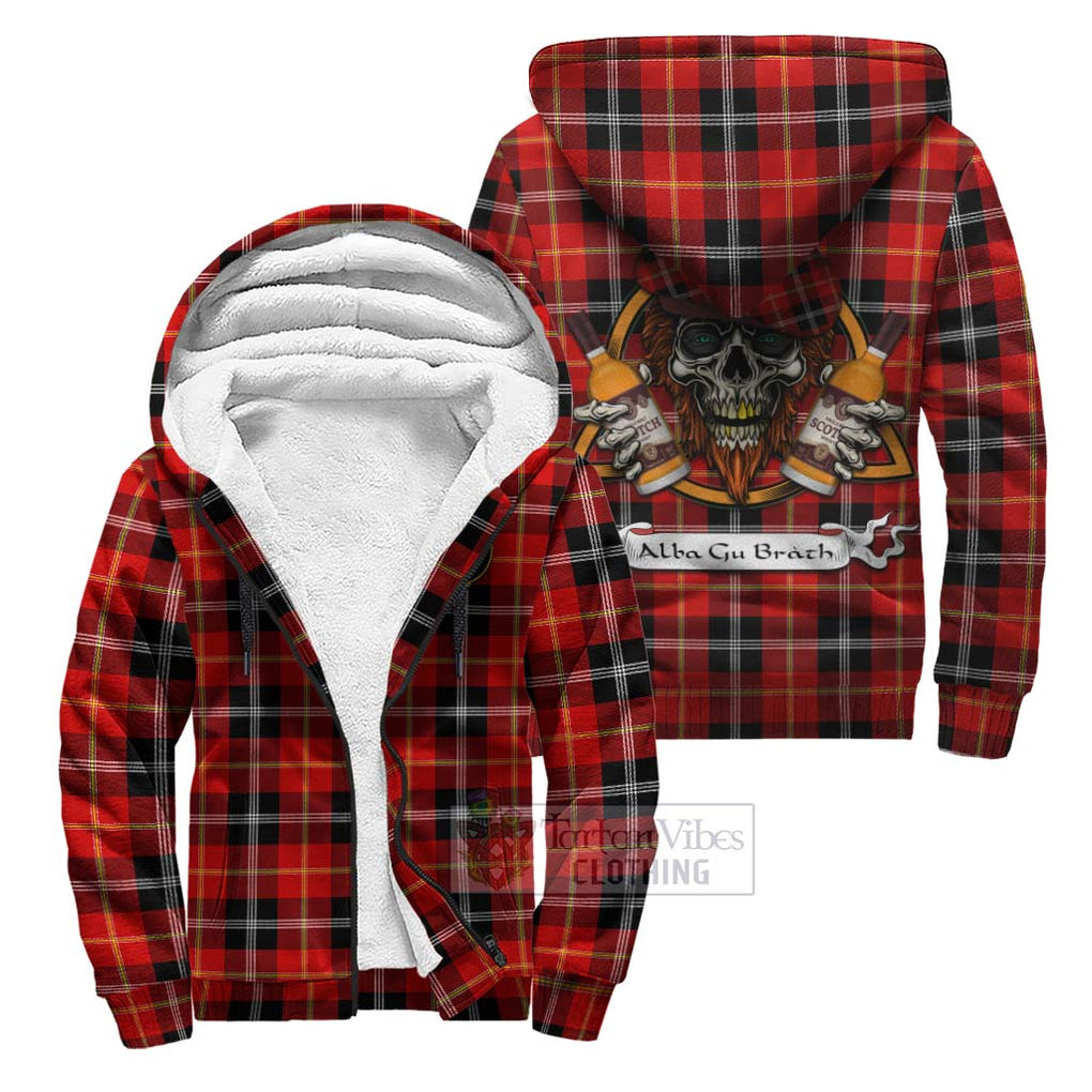 Tartan Vibes Clothing Majoribanks Tartan Sherpa Hoodie with Family Crest and Bearded Skull Holding Bottles of Whiskey