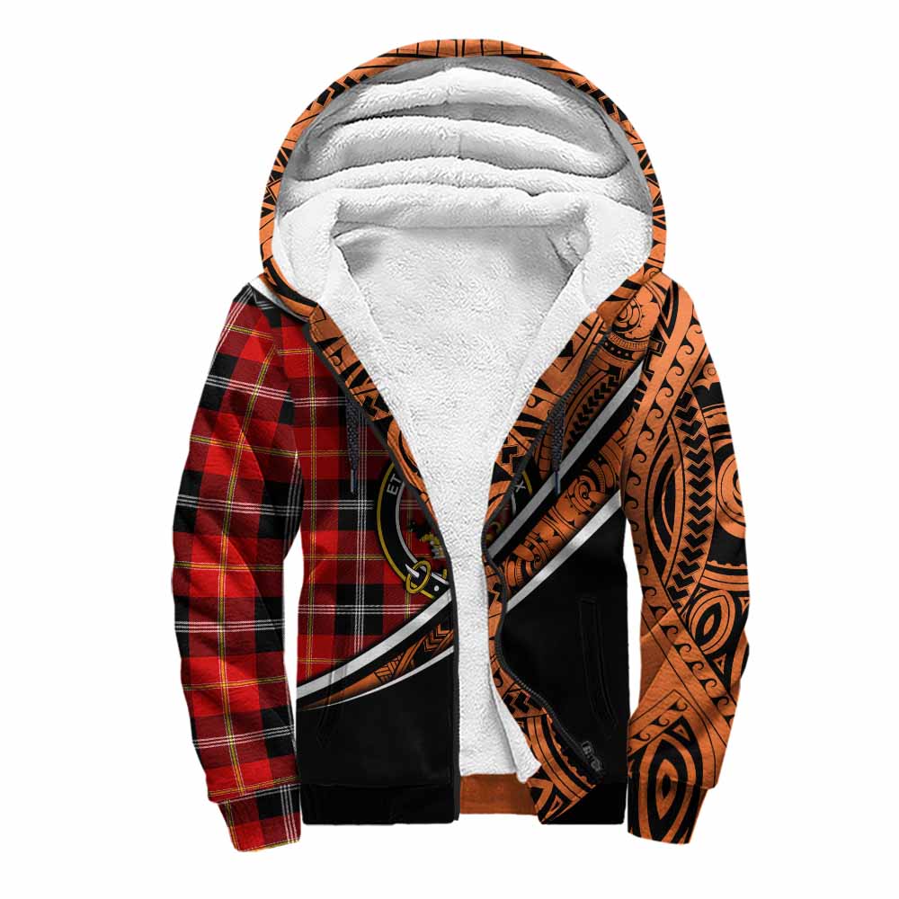 Tartan Vibes Clothing Majoribanks Crest Tartan Sherpa Hoodie with Maori Tattoo Style - Orange Version