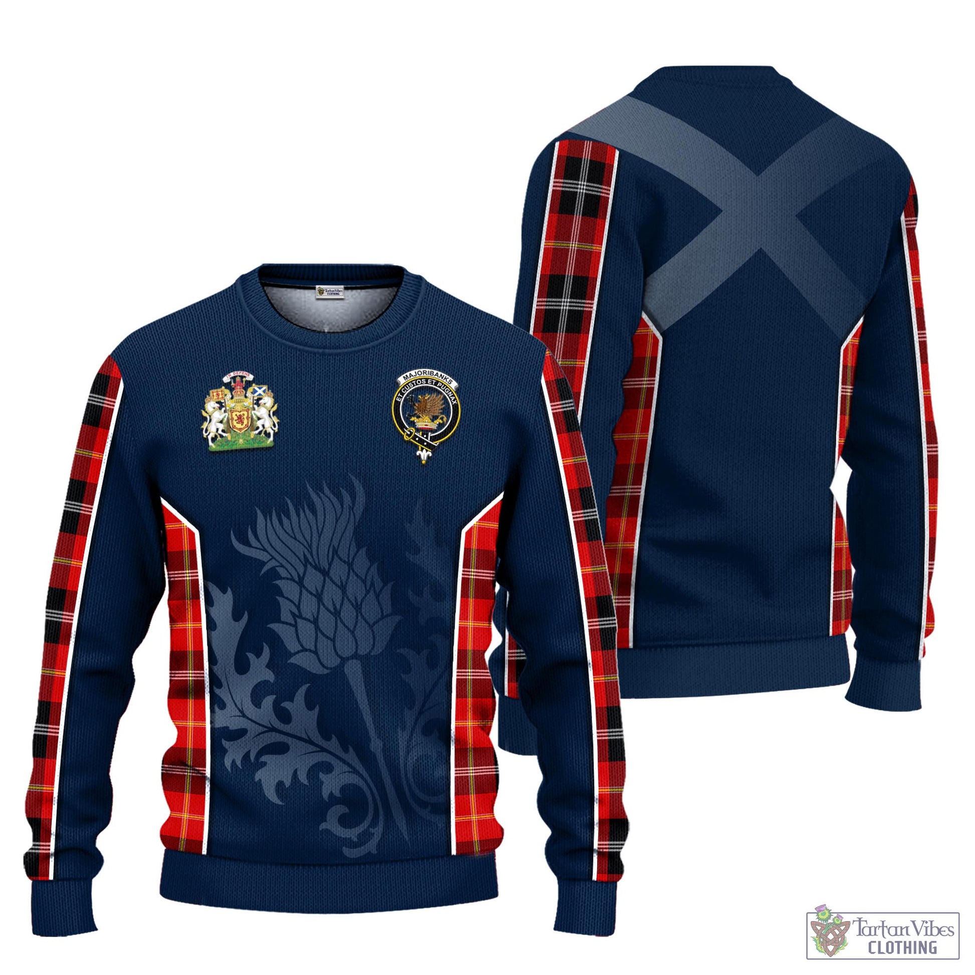 Tartan Vibes Clothing Majoribanks Tartan Knitted Sweatshirt with Family Crest and Scottish Thistle Vibes Sport Style