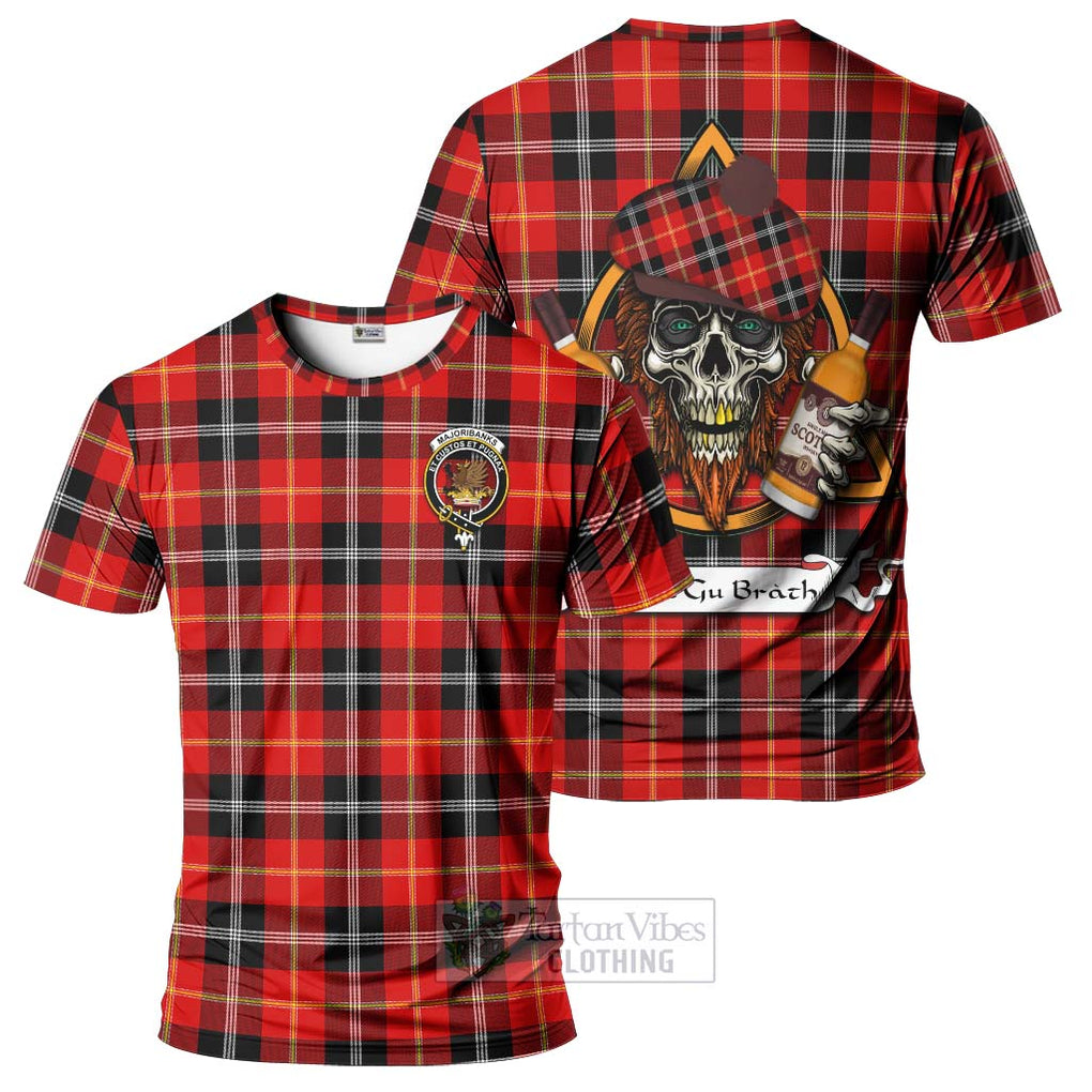 Tartan Vibes Clothing Majoribanks Tartan T-Shirt with Family Crest and Bearded Skull Holding Bottles of Whiskey