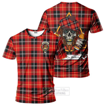 Majoribanks Tartan T-Shirt with Family Crest and Bearded Skull Holding Bottles of Whiskey