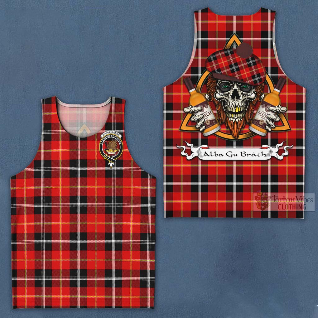 Tartan Vibes Clothing Majoribanks Tartan Men's Tank Top with Family Crest and Bearded Skull Holding Bottles of Whiskey