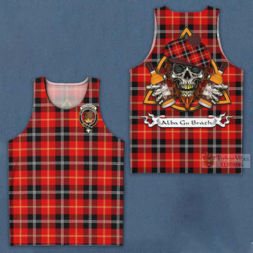 Majoribanks Tartan Men's Tank Top with Family Crest and Bearded Skull Holding Bottles of Whiskey