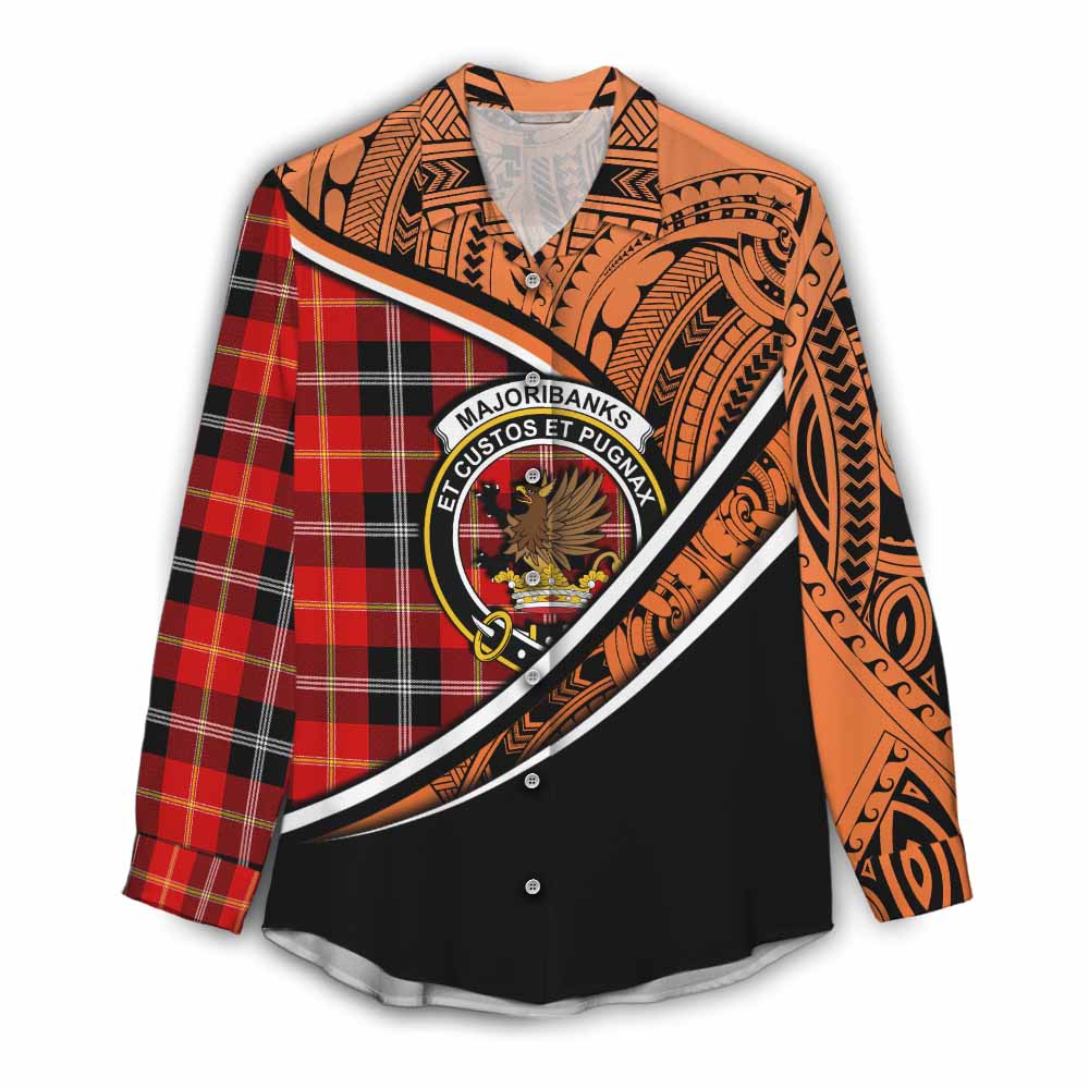 Tartan Vibes Clothing Majoribanks Crest Tartan Women's Casual Shirt with Maori Tattoo Style - Orange Version