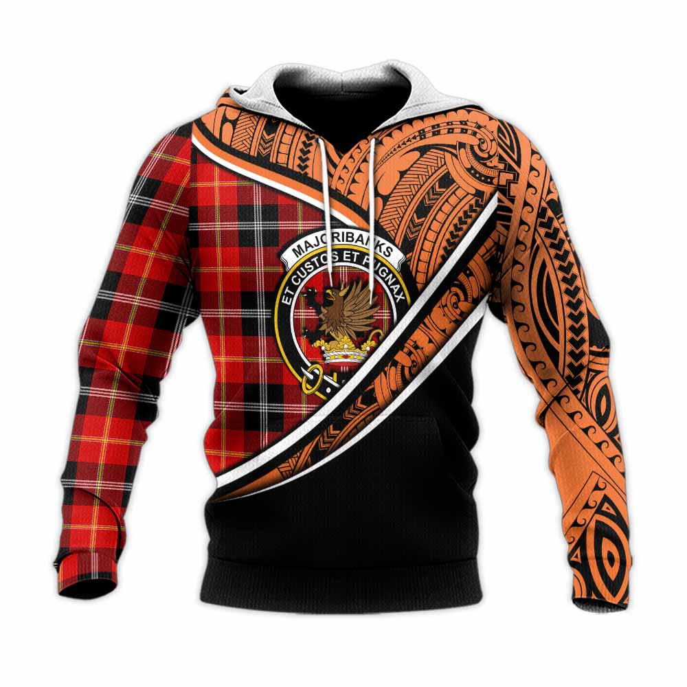 Tartan Vibes Clothing Majoribanks Crest Tartan Knitted Hoodie with Maori Tattoo Style - Orange Version