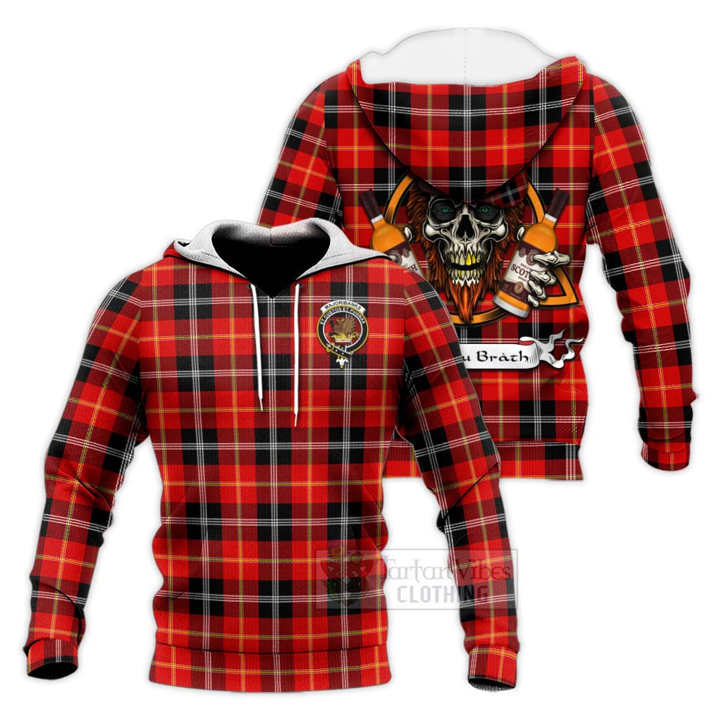 Tartan Vibes Clothing Majoribanks Tartan Knitted Hoodie with Family Crest and Bearded Skull Holding Bottles of Whiskey