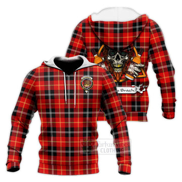 Majoribanks Tartan Knitted Hoodie with Family Crest and Bearded Skull Holding Bottles of Whiskey