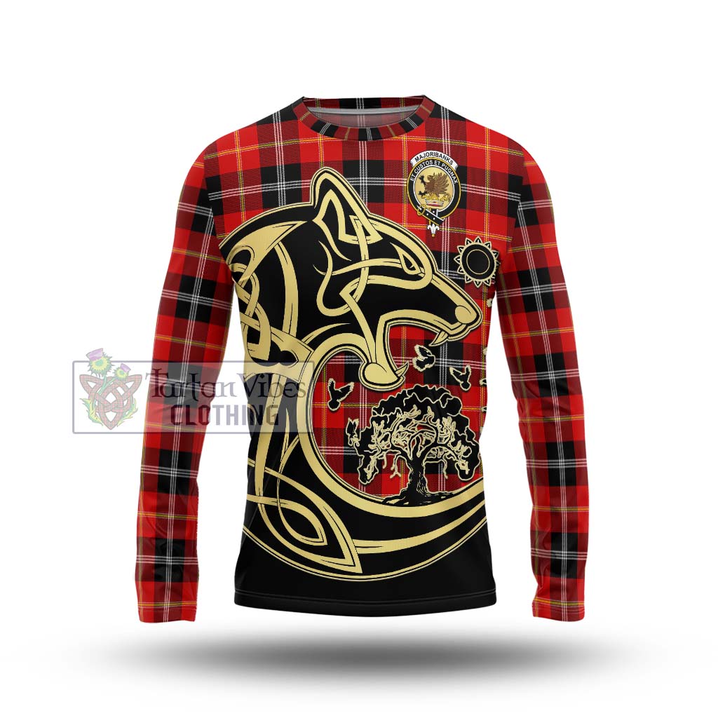 Tartan Vibes Clothing Majoribanks Tartan Long Sleeve T-Shirt with Family Crest Celtic Wolf Style