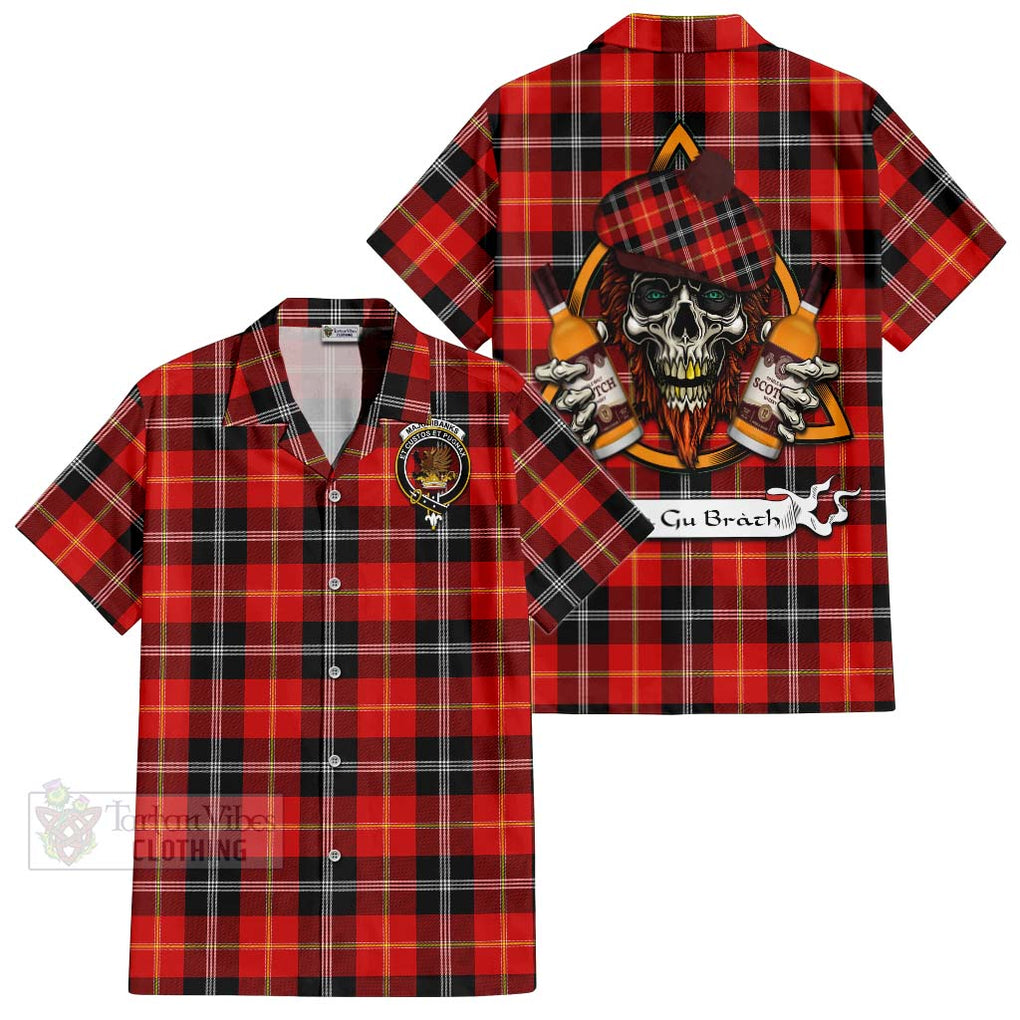 Tartan Vibes Clothing Majoribanks Tartan Short Sleeve Button Shirt with Family Crest and Bearded Skull Holding Bottles of Whiskey