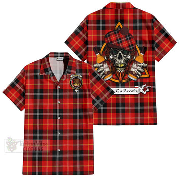 Majoribanks Tartan Short Sleeve Button Shirt with Family Crest and Bearded Skull Holding Bottles of Whiskey