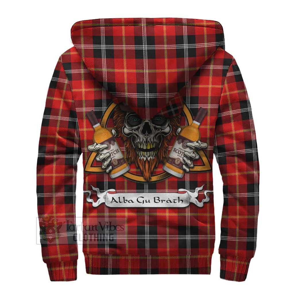 Tartan Vibes Clothing Majoribanks Tartan Sherpa Hoodie with Family Crest and Bearded Skull Holding Bottles of Whiskey