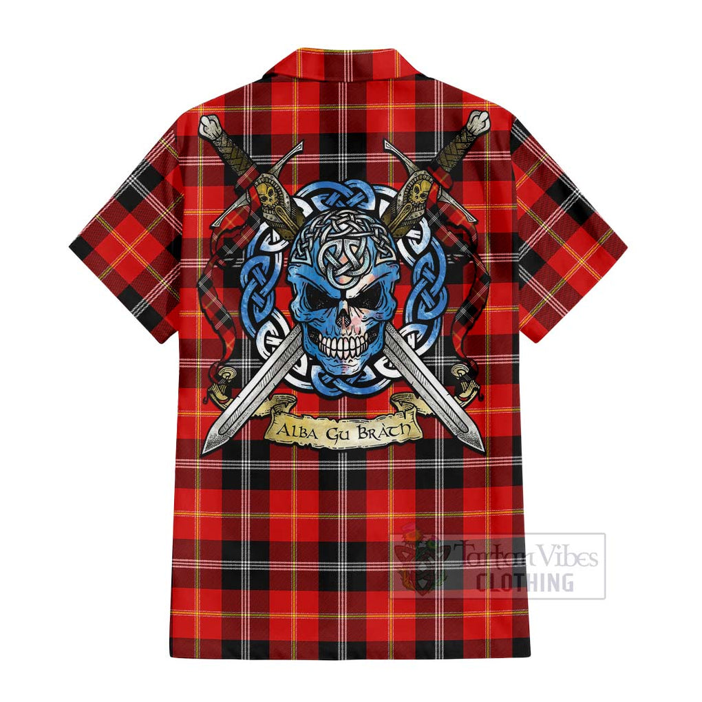 Tartan Vibes Clothing Majoribanks Tartan Short Sleeve Button Shirt with Family Crest Celtic Skull Style