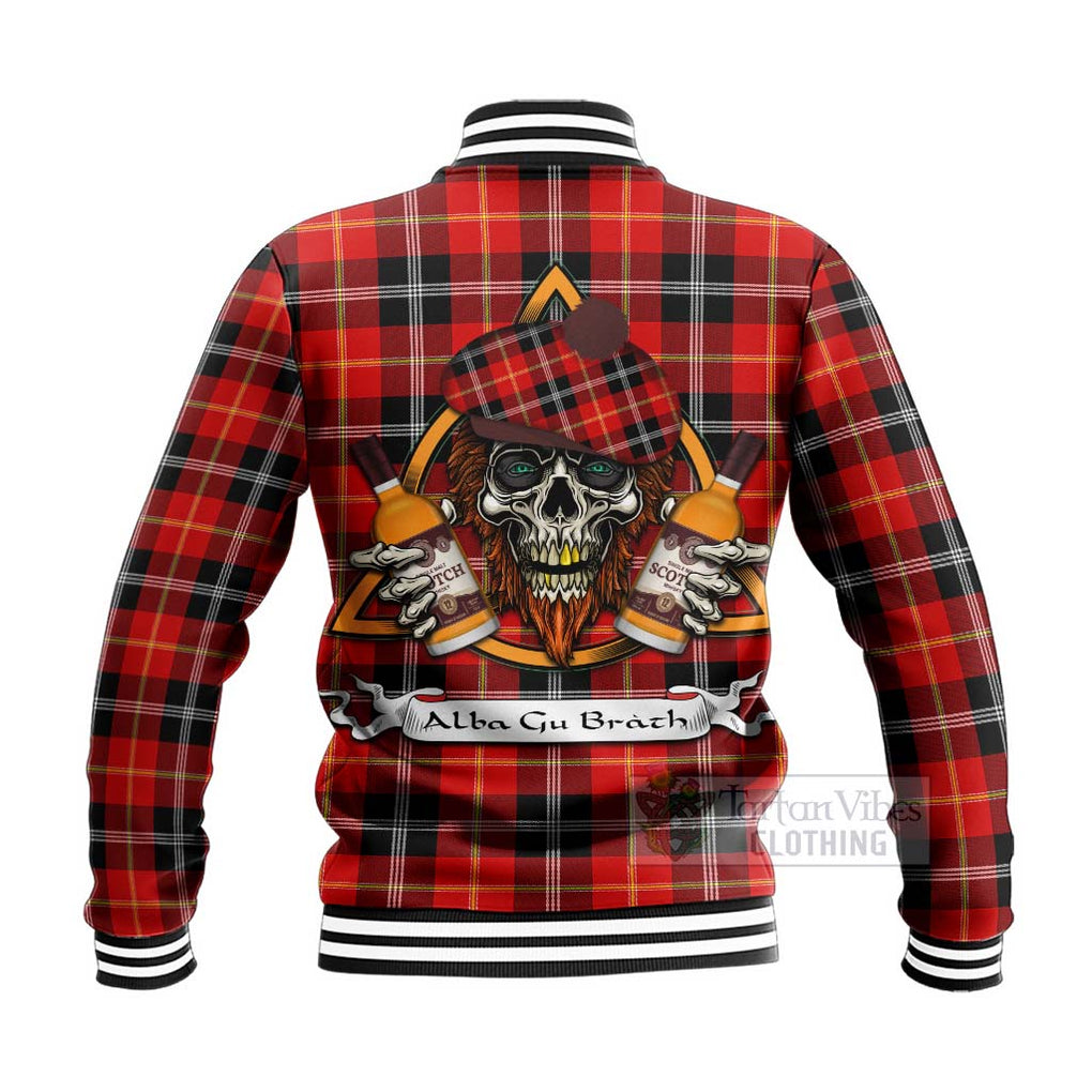 Tartan Vibes Clothing Majoribanks Tartan Baseball Jacket with Family Crest and Bearded Skull Holding Bottles of Whiskey