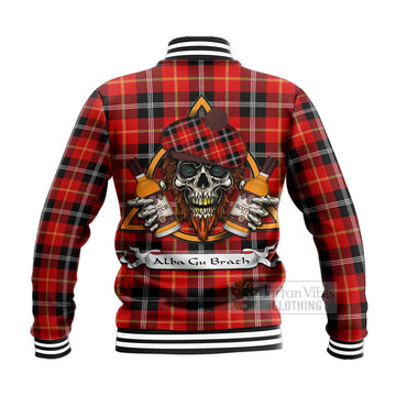 Majoribanks Tartan Baseball Jacket with Family Crest and Bearded Skull Holding Bottles of Whiskey