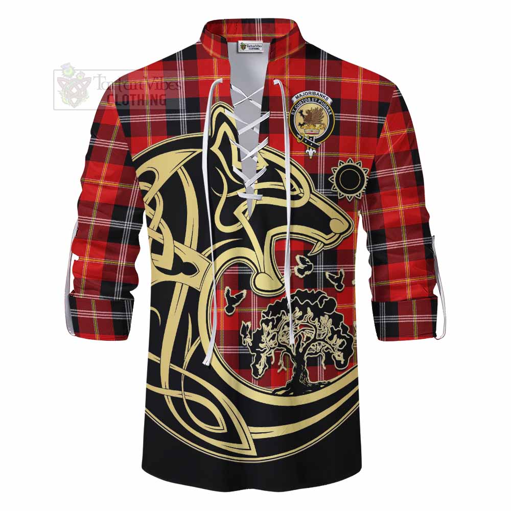 Tartan Vibes Clothing Majoribanks Tartan Ghillie Kilt Shirt with Family Crest Celtic Wolf Style