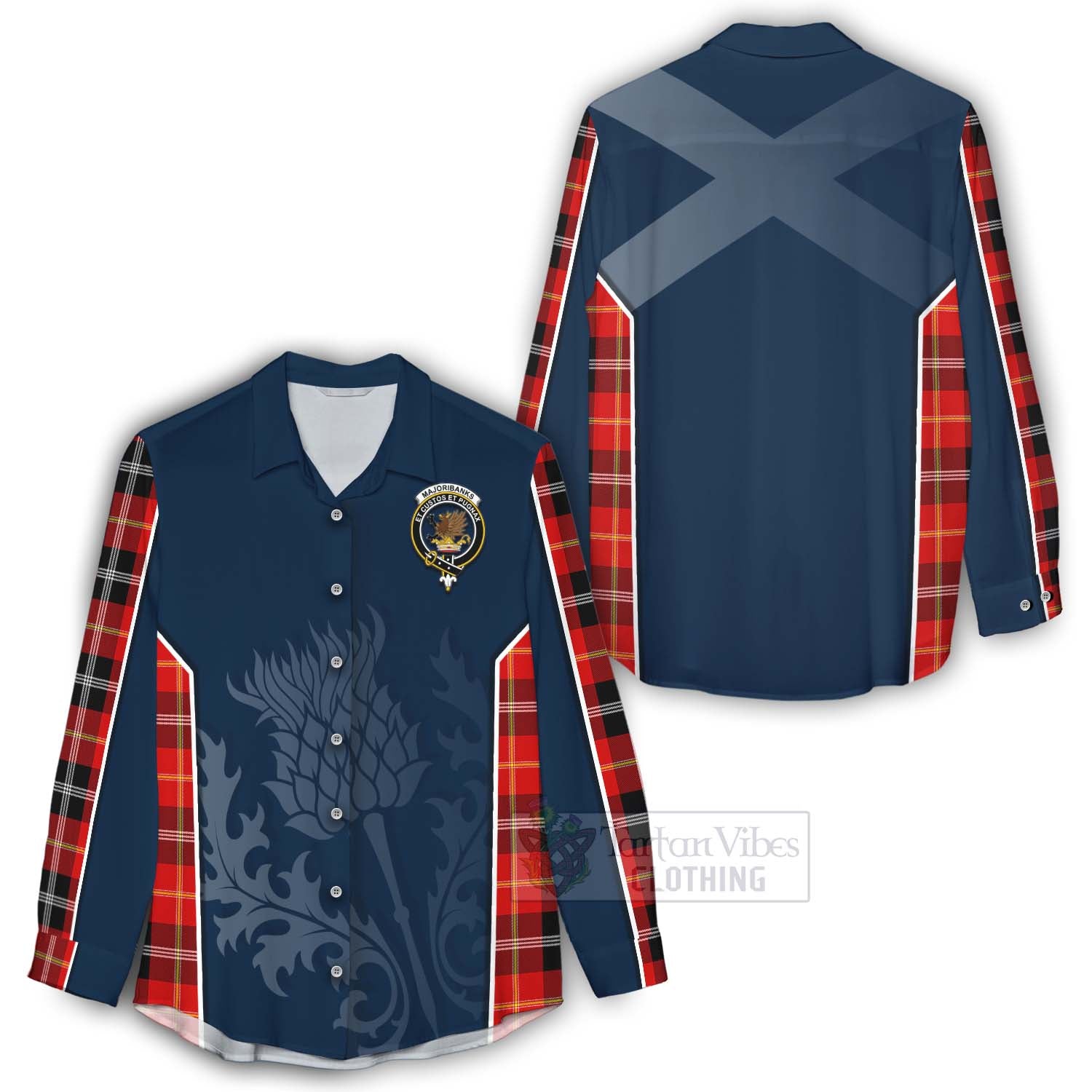 Tartan Vibes Clothing Majoribanks Tartan Women's Casual Shirt with Family Crest and Scottish Thistle Vibes Sport Style