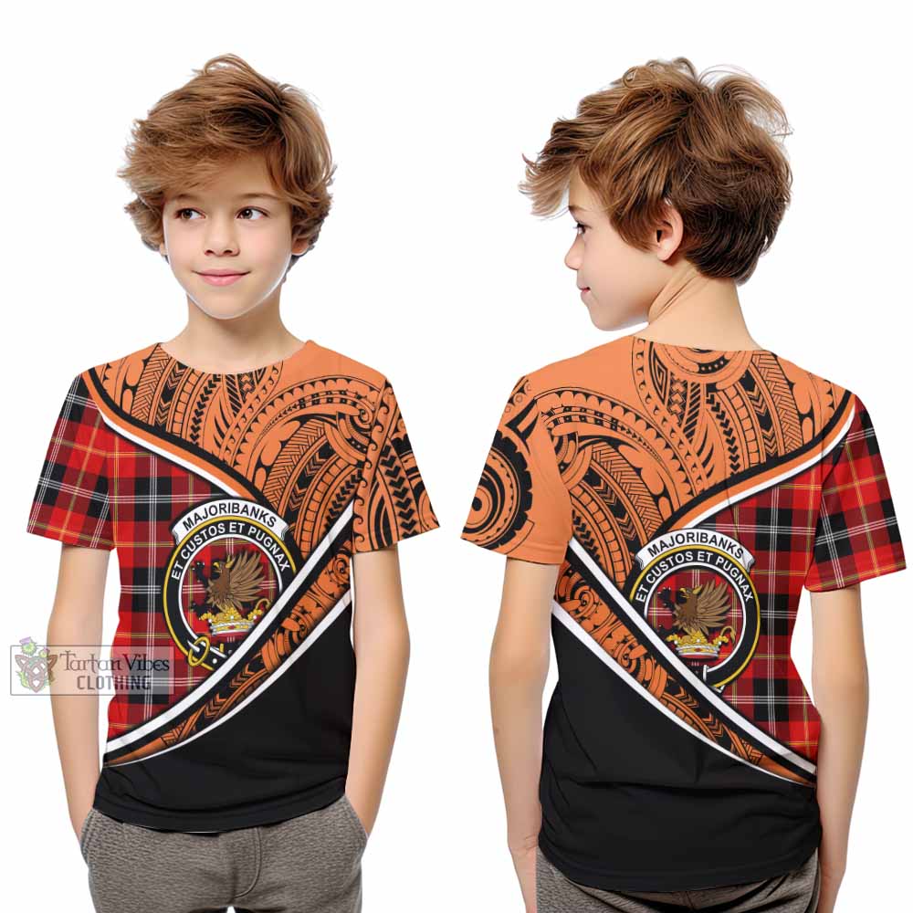 Tartan Vibes Clothing Majoribanks Crest Tartan Kid T-Shirt with Maori Tattoo Style - Orange Version