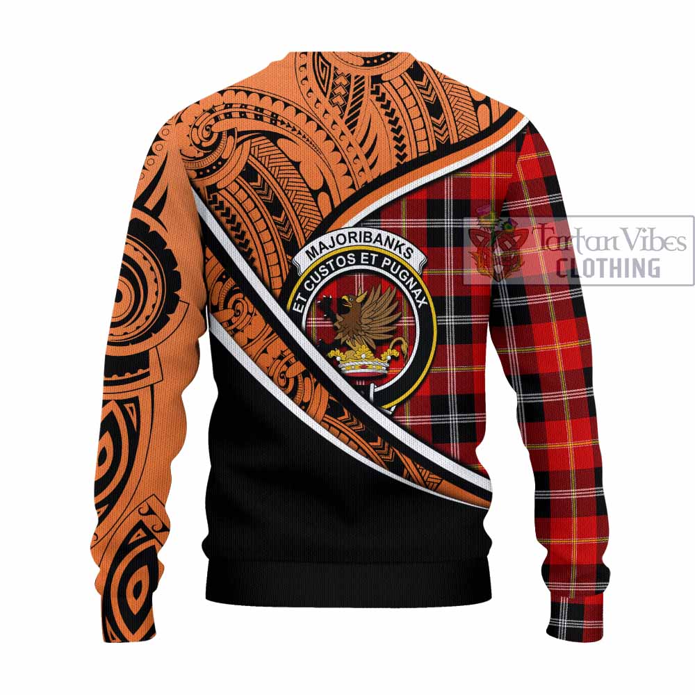 Tartan Vibes Clothing Majoribanks Crest Tartan Knitted Sweater with Maori Tattoo Style - Orange Version