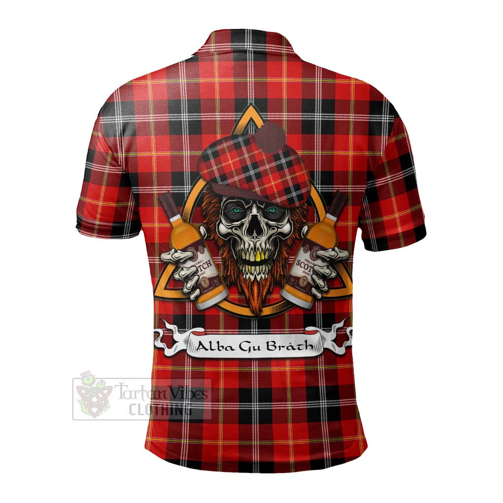 Tartan Vibes Clothing Majoribanks Tartan Polo Shirt with Family Crest and Bearded Skull Holding Bottles of Whiskey