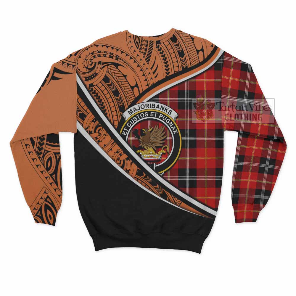 Tartan Vibes Clothing Majoribanks Crest Tartan Sweatshirt with Maori Tattoo Style - Orange Version